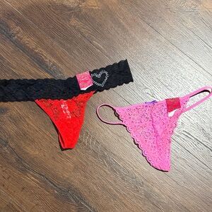 Candies Lace Thong Set in Black and Pink Large